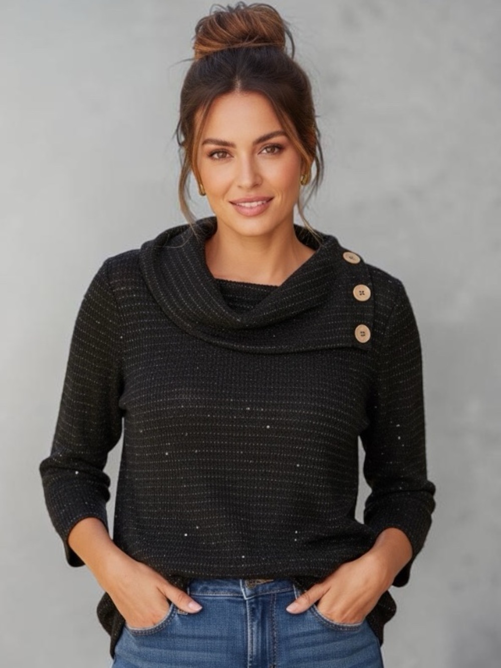 Ruby Rd. Black Sequin Knit Top With Cowl-Neck Sweater with Button |Holidays,